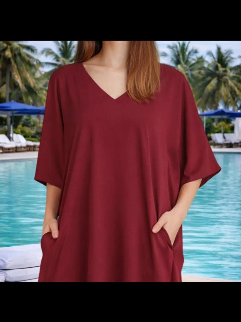 V-Neck Burgundy Kaftab Dress with Pockets. - Picture 7 of 11
